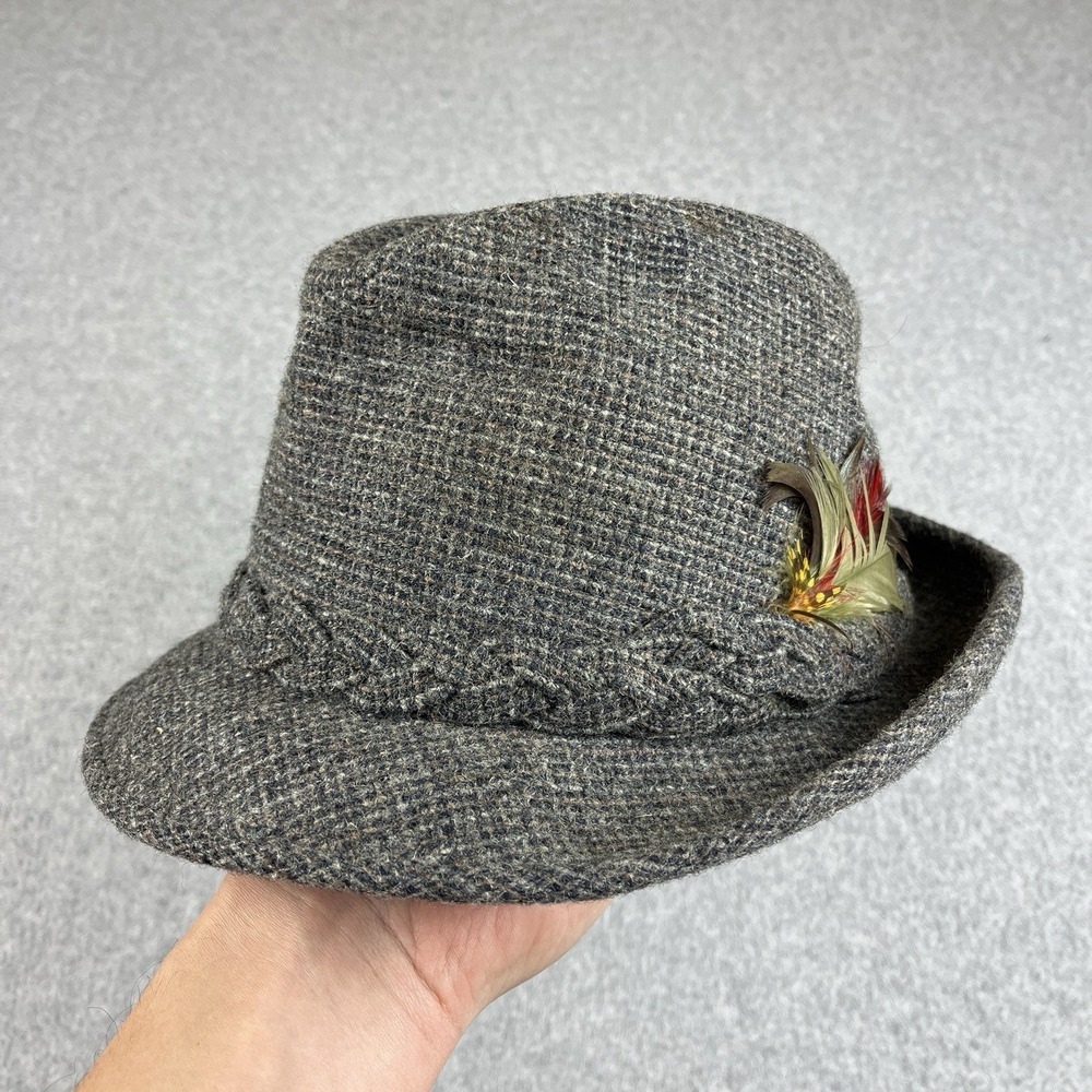Vintage Stetson Hat Fedora Tweed Wool Mens 6 3/4 Gray Feathers USA‎ Made 80s